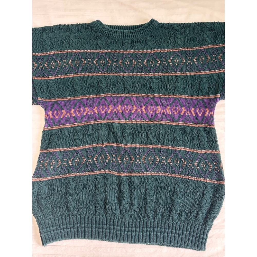 Vintage Jantzen Mens XL Green Cable Knit Fair Isle Sweater Made in USA 90s Retro